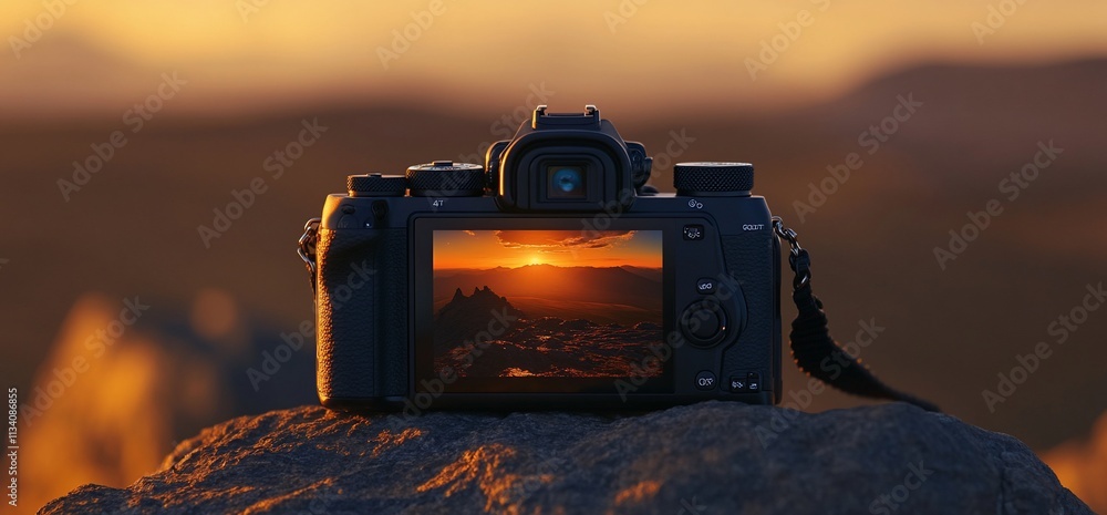 Aufkleber a camera capturing a sunset landscape view on a rocky surface.