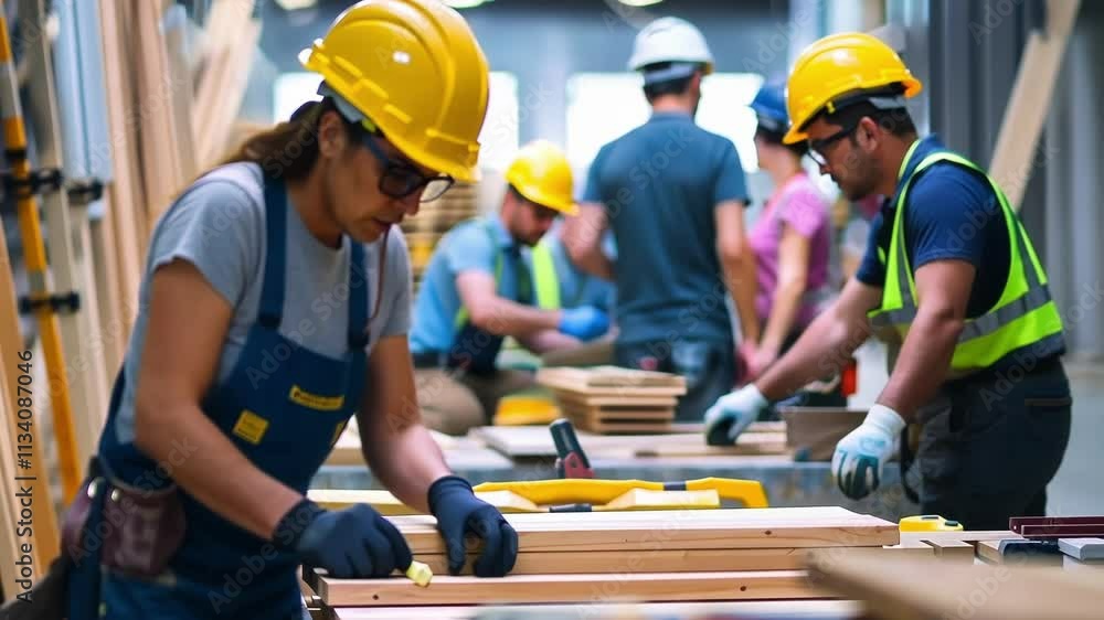 Poster out of focus carpenters creating in a crowded room