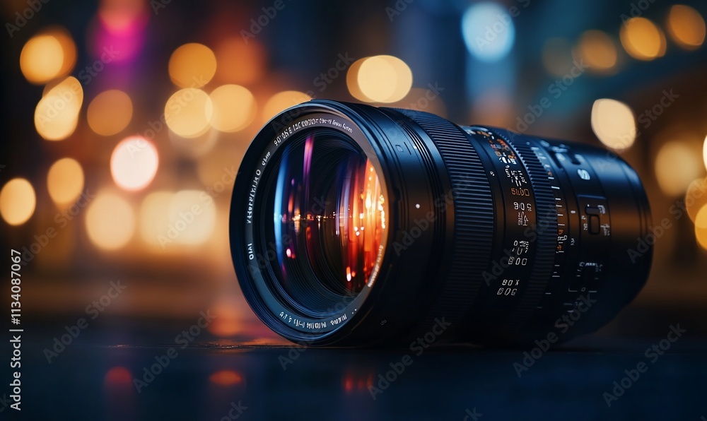 Poster a camera lens positioned artistically with a bokeh background.