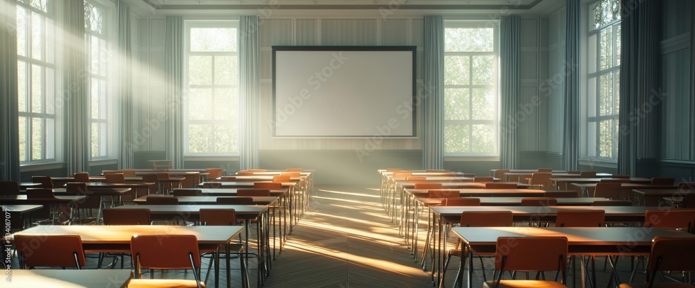 Poster a bright classroom with desks and a projector screen.