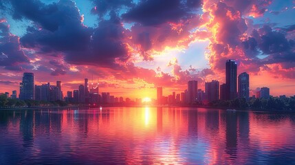 Fototapeta premium City silhouette under vibrant purple and red sky reflected on a smooth urban lake.