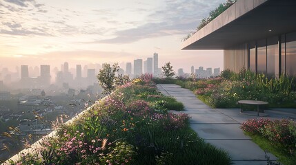 Obraz premium Green Rooftop Garden Overlooking a Cityscape with Urban Views