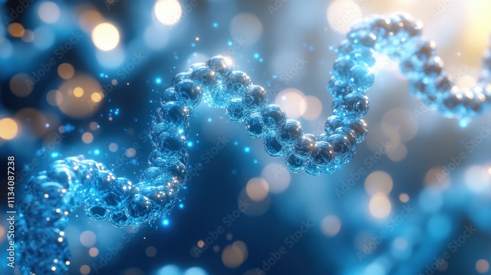 Poster abstract representation of a dna strand with glowing particles.