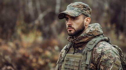 Obraz premium Soldier in Tactical Gear Standing in Forest, Concept of Military Service, Camouflage, Outdoor Training, Defense, Armed Forces, and Tactical Operations