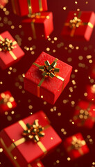 Red gift boxes with gold ribbons falling on red background. (4)