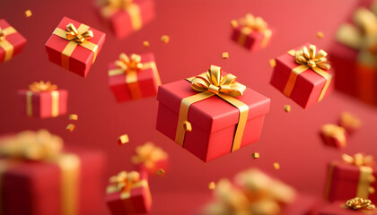 Red gift boxes with gold ribbons falling on red background. (9)