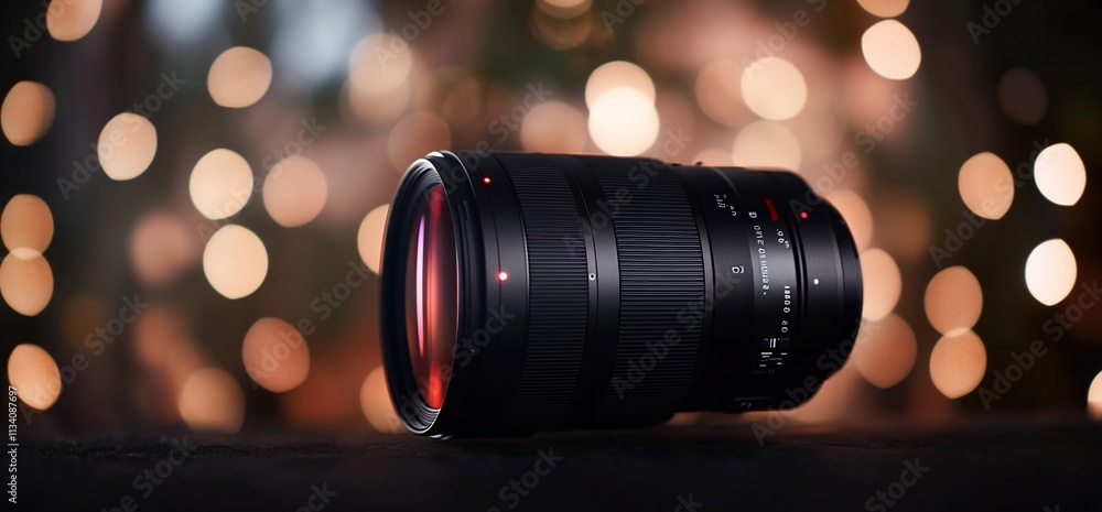Poster a camera lens positioned on a surface with a blurred background of lights.