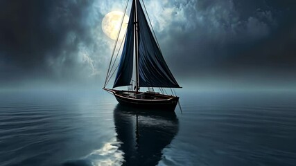 A sailboat peacefully floats on a body of water beneath a cloudy sky, creating a serene scene, A spectral sailboat forever sailing deserted, moonlit seas