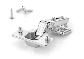 Steel cabinet door hinge with screw isolated on white, silver cabinet hinge hardware, and carpentry...