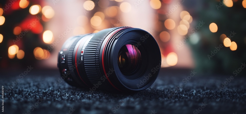 Poster a camera lens positioned on a textured surface with soft bokeh background.