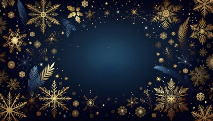 Midnight blue christmas background with golden snowflakes scattered around the edges