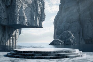 Ultra Hd Image of Stylish Podium Stage with Dramatic Cliffside Backdrop for Products