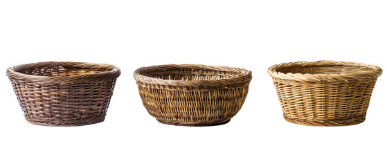 Obraz premium Three Empty Wicker Baskets Isolated on PNG Transparent Background
