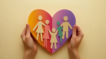 Loving hands hold a heart-shaped cutout with paper family figures.