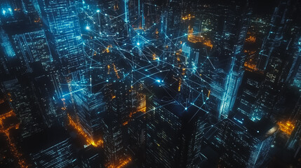 Fototapeta premium Smart digital Innovation city with connection network reciprocity over the cityscape. of future smart wireless digital city and social media networking systems that connects people with in city