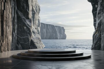 High Resolution Picture of Stylish Podium Stage with Dramatic Cliffside Backdrop for Products