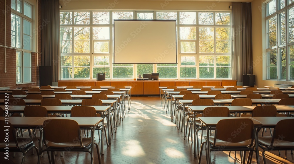 Poster A classroom setting with desks arranged for learning and a projector screen.