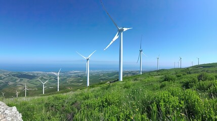 Row of wind turbines generating renewable energy on grassy hills with a clear blue sky above.