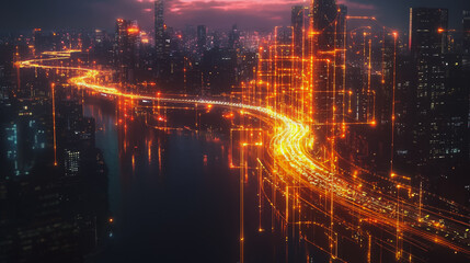 Obraz premium Smart digital Innovation city with connection network reciprocity over the cityscape. of future smart wireless digital city and social media networking systems that connects people with in city