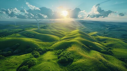 Serene view of lush green hills bathed in soft sunlight with gentle blue sky and scattered clouds.