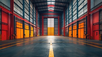 Vast Industrial Warehouse Interior: A Symphony of Red and Orange