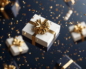 White and navy gift boxes with gold ribbons and confetti falling.