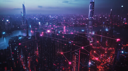 Smart digital Innovation city with connection network reciprocity over the cityscape. of future smart wireless digital city and social media networking systems that connects people with in city