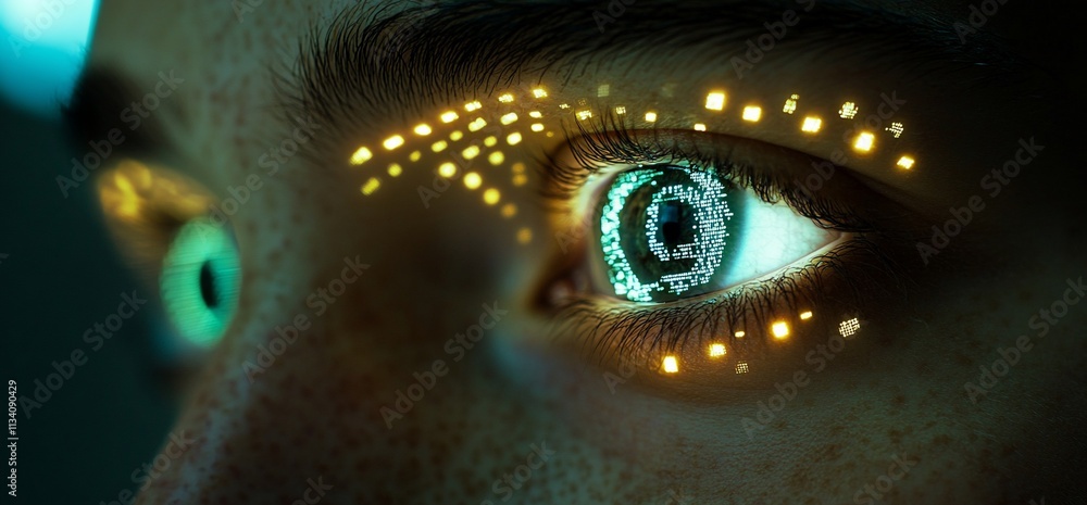 Poster a close-up of an eye with digital, glowing elements reflecting in it.