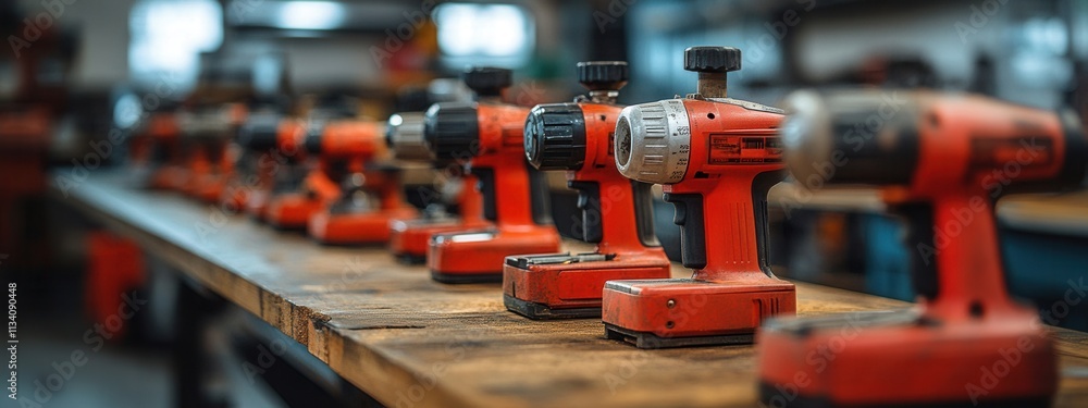 Poster power tool demonstration workshop equipment showcase industrial setting close-up view efficiency and