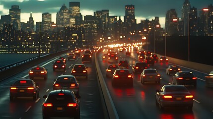 Night traffic jam on a highway leading to a cityscape.