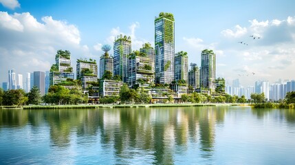 Fototapeta premium Futuristic Sustainable City with Skyscrapers Featuring Vertical Gardens, Green Rooftops, and Clean Air, Representing 2025 Eco-Conscious Architecture and Modern Urban Design in a Serene Atmosphere