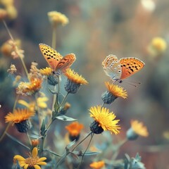 Obraz premium Butterflies adorn Inula blossoms.