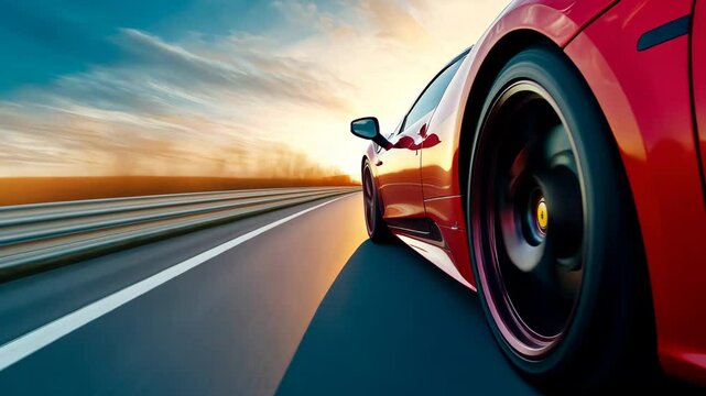 A red sports car speeds down a busy highway, surrounded by other vehicles and buildings, A sport car racing at high speed on a deserted highway