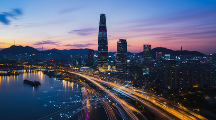 Obraz premium Smart digital Innovation city with connection network reciprocity over the cityscape. of future smart wireless digital city and social media networking systems that connects people with in city