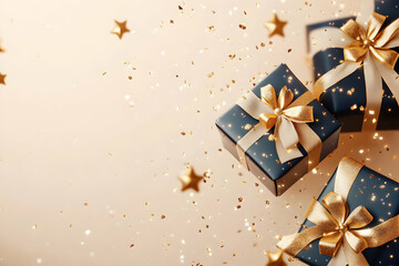 Elegant navy blue gift boxes with gold ribbons and confetti on beige background.