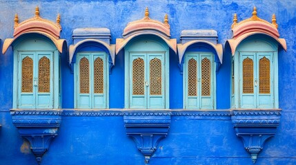 Traditional blue windows and wall in Blue City Jodhpur India