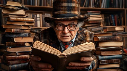 Elderly gentleman in hat reading book surrounded by stacks of books in library.