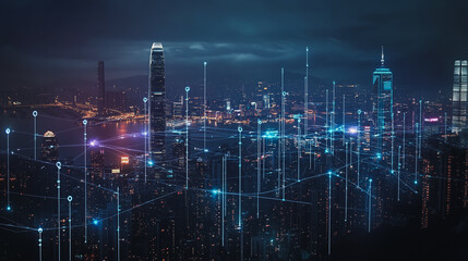 Fototapeta premium Smart digital Innovation city with connection network reciprocity over the cityscape. of future smart wireless digital city and social media networking systems that connects people with in city