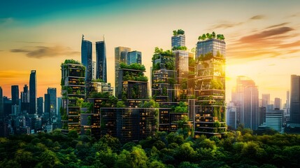 Fototapeta premium Harmonious Blend of City and Nature with Skyscrapers Featuring Trees Growing on Them, Bathed in Soft Morning Light, Representing Futuristic Eco-Design and 2025 Sustainable Living