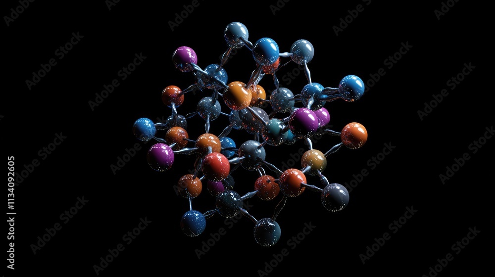 Poster a 3d rendering of a complex molecular compound, with multiple atoms connected by covalent bonds, cre