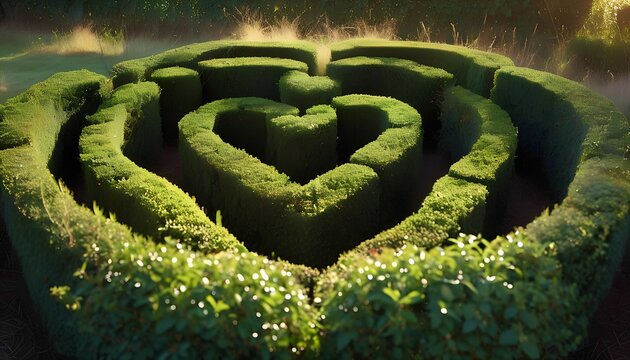 Exploring a heart-shaped hedge maze adventure serene garden photography natural light aerial view concept of love and nature harmony