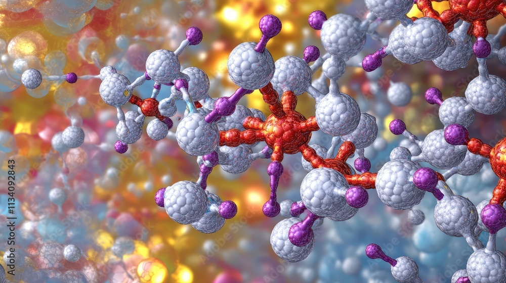Poster a 3d rendering of a complex molecular compound, with multiple atoms connected by covalent bonds, cre