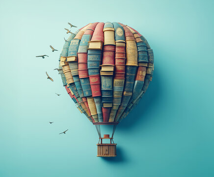 Creative hot air balloon made of colorful books soaring in a blue sky with birds flying near
