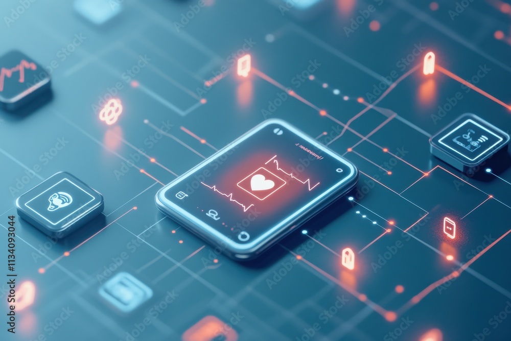 Poster innovative health technology: a smartphone displaying heart rate analytics surrounded by digital hea