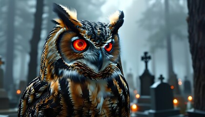 Mysterious owl encounter in a haunted graveyard digital art spooky environment night view fantasy concept for halloween inspiration
