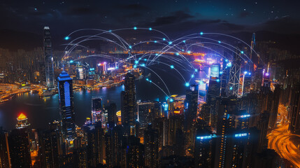 Fototapeta premium Smart digital Innovation city with connection network reciprocity over the cityscape. of future smart wireless digital city and social media networking systems that connects people with in city