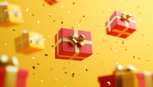 Floating gift boxes with gold ribbons and confetti on yellow background.