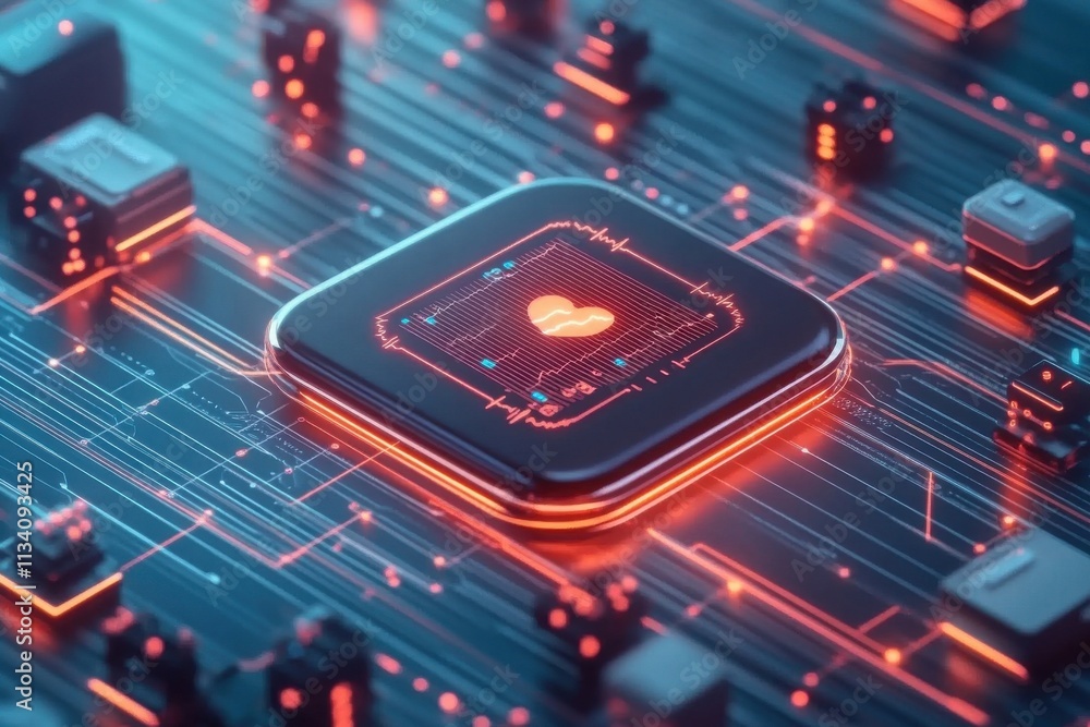 Poster high-tech heartbeat pulse on digital processor in futuristic circuit board design illustrating healt