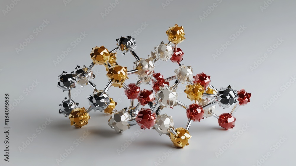 Poster a 3d rendering of a complex molecular compound, with multiple atoms connected by covalent bonds, cre