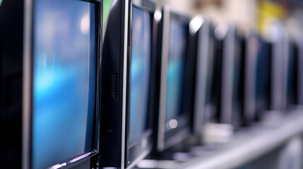 Workers assembling and inspecting large flat-screen TVs on a high-tech manufacturing line. Precision and teamwork in the production of advanced electronic devices.